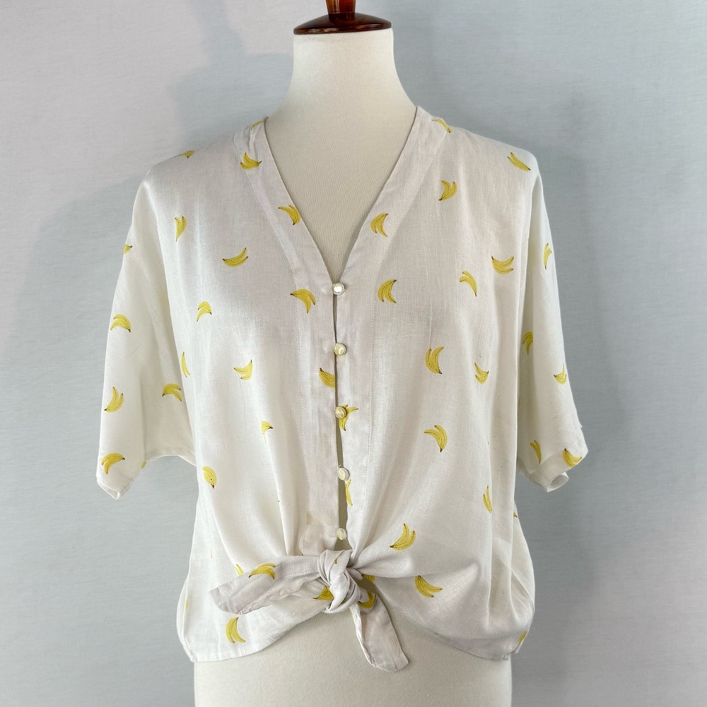 RAILS Thea White Banana Bunch Linen Blend Button Front Tie Front Blouse